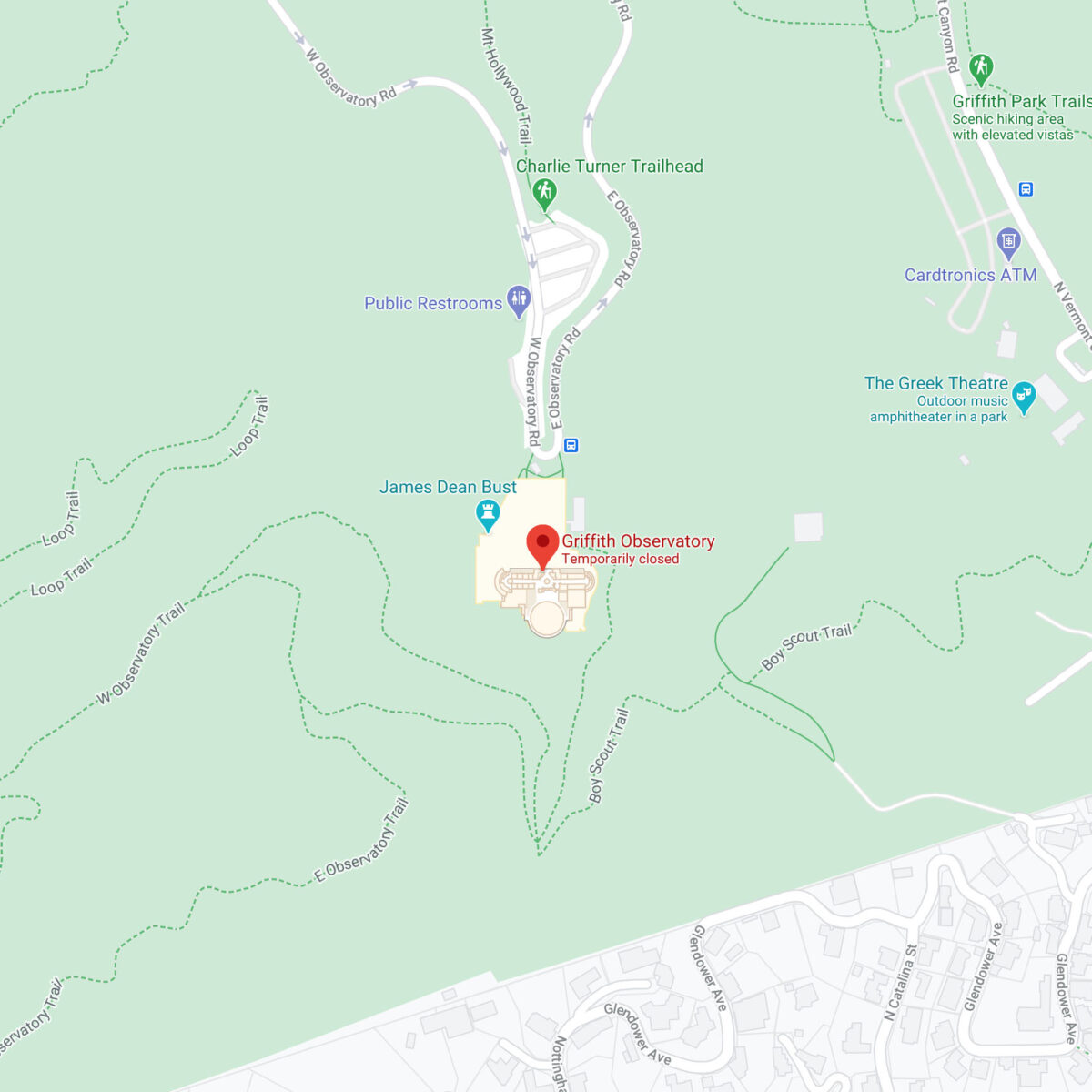 A map showing the location of Griffith Observatory