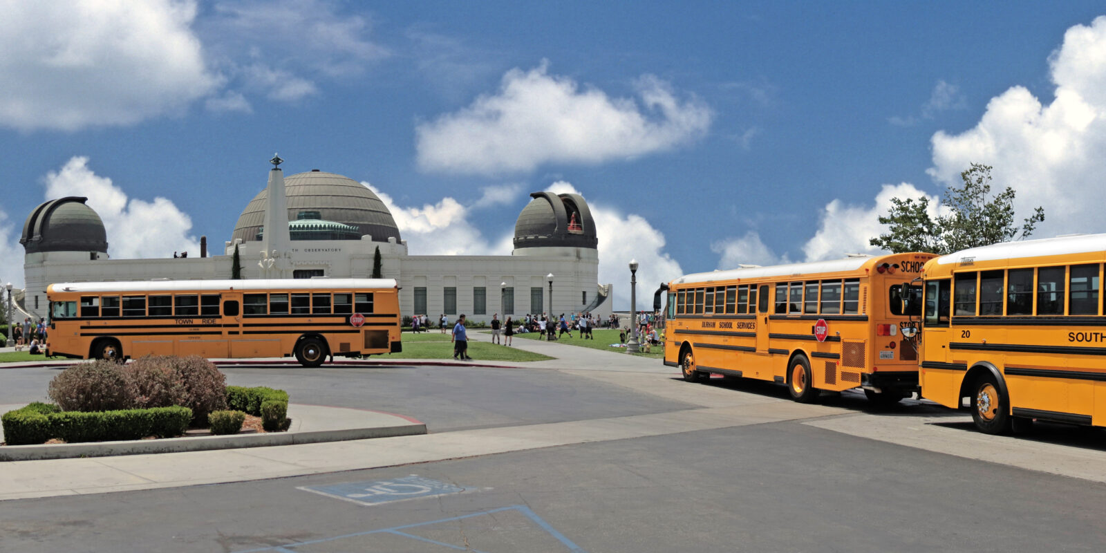 Three yellow school buses in front of Griffith Observatory.