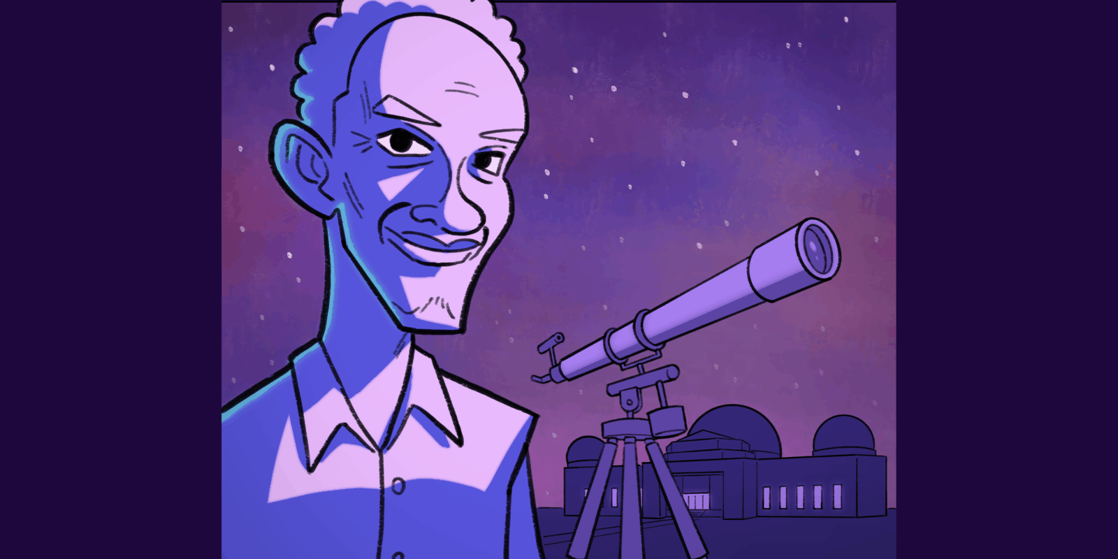 Cartoon drawing of Tim Russ and a telescope in front of the Observatory
