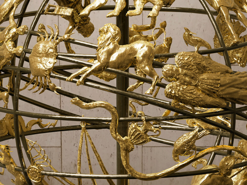 Closeup of the zodiac on the celestial globe.